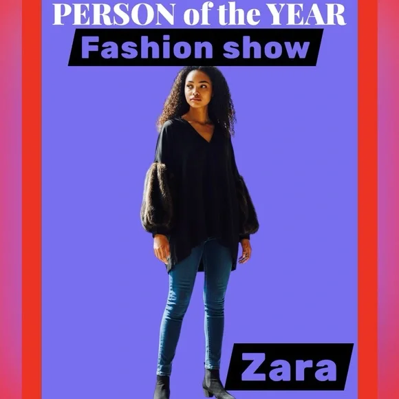 Vintage style Zara Black V-Neck Tunic with Faux-Fur Brown Balloon Sleeves - Picture 3 of 12